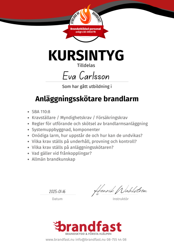 Anläggningsskötare brandlarm kursintyg