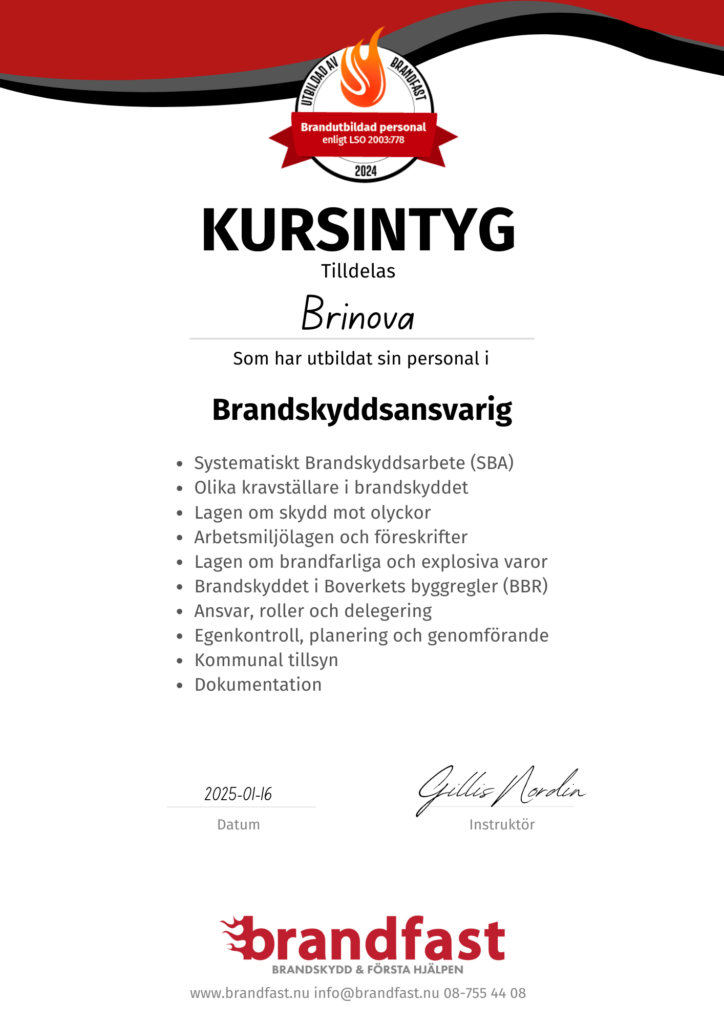 diplom brandskyddsansvarig brandfast