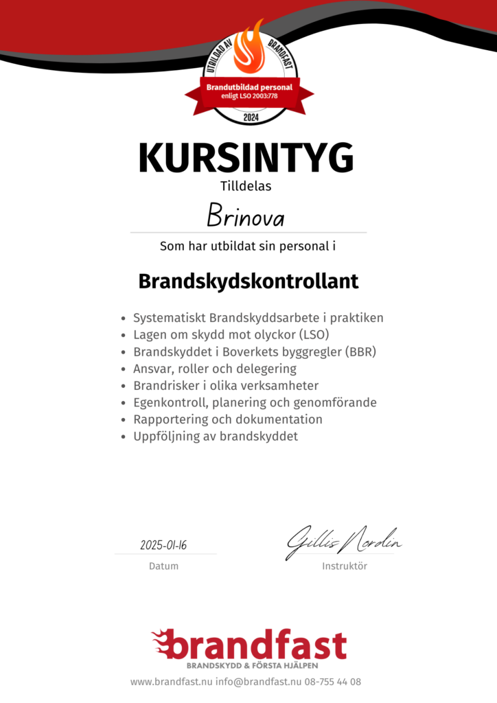diplom brandskyddsansvarig brandfast