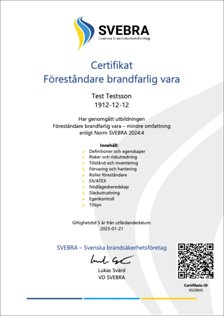 certifikat föreståndare brandfarlig vara brandfasr